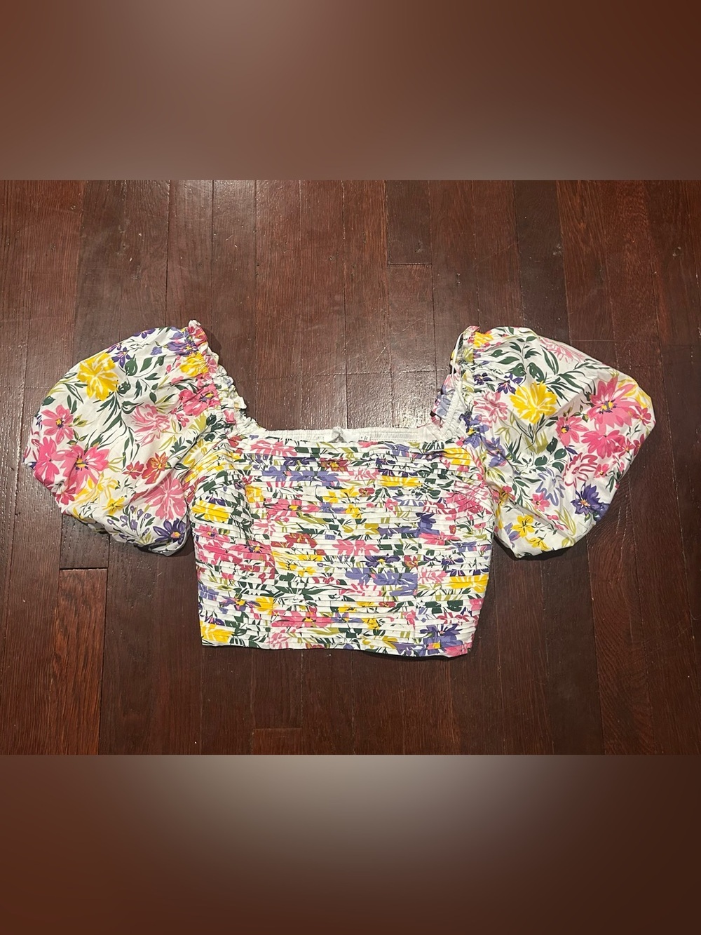 Astr Floral Smocked Puff-Sleeve Crop Top in White, Pink, Yellow & Purple